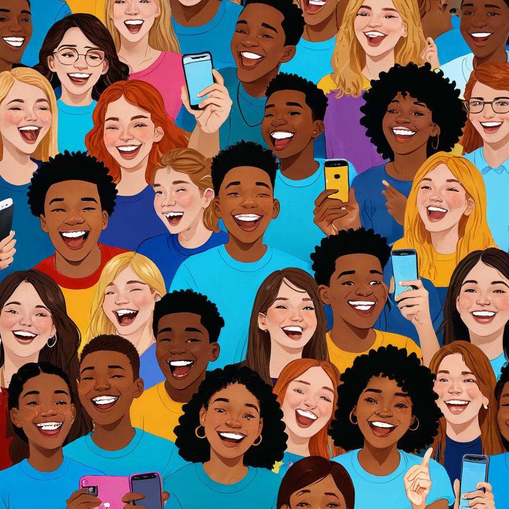 A dynamic collage showcasing a group of diverse teenagers laughing while engaging with their phones, capturing silly and entertaining moments from popular teen video culture. Incorporate colorful emojis, snippets of viral videos, and expressive facial reactions to convey joy and unity. The background features playful illustrations of social media icons, video play buttons, and comic-style speech bubbles filled with laughter. vibrant colors. cartoon style.