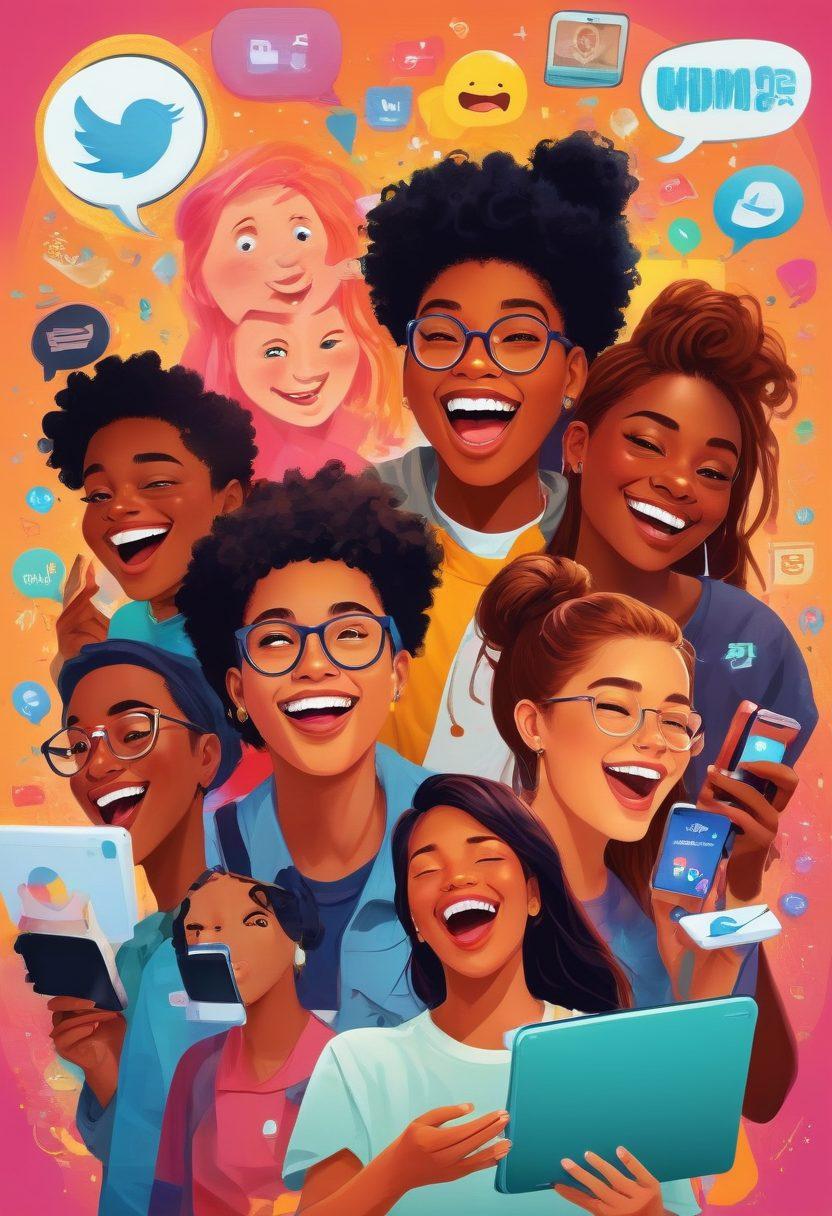 A vibrant collage portraying diverse teens laughing and engaging with digital devices, surrounded by colorful speech bubbles filled with memes, emojis, and humor quotes. The background features a lively blend of social media icons and playful elements that reflect online humor culture. The overall atmosphere is energetic and youthful, capturing the essence of humor in the digital age. bright colors. vector art. playful style.