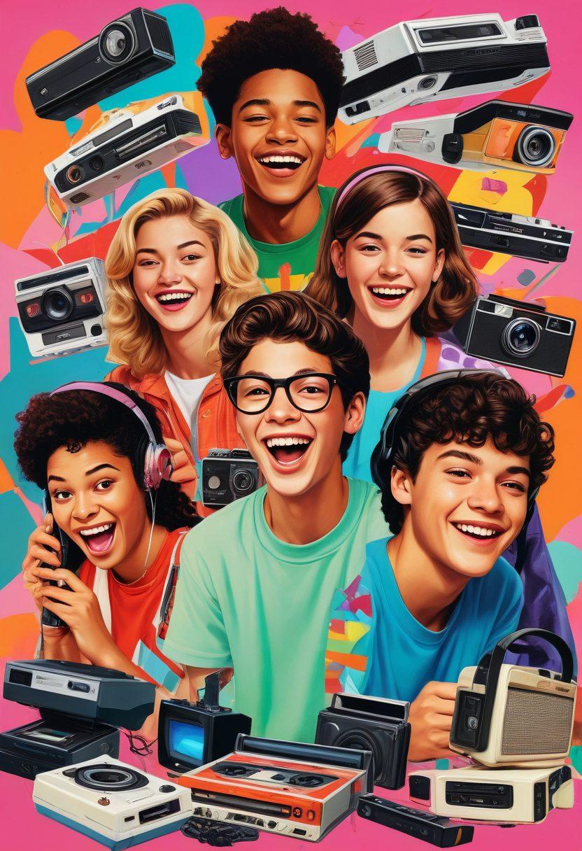 A vibrant collage capturing the essence of youthful fun, featuring a group of diverse teens laughing together while interacting with quirky technology like retro gaming consoles and vintage camcorders. The background shows colorful pop art elements and nostalgic icons from the 90s. The scene is infused with playful energy and humor, highlighting their carefree spirit. super-realistic. vibrant colors. dynamic composition.